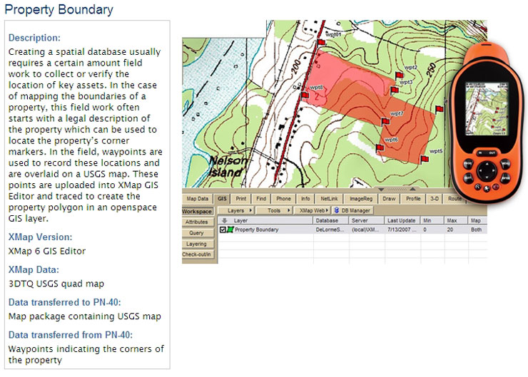 In the field , waypoints are used to record these locations and are overlaid on a USGS map. These points are uploaded into XMap GIS Editor and traced to create the property polygon in an openspace GIS layer.