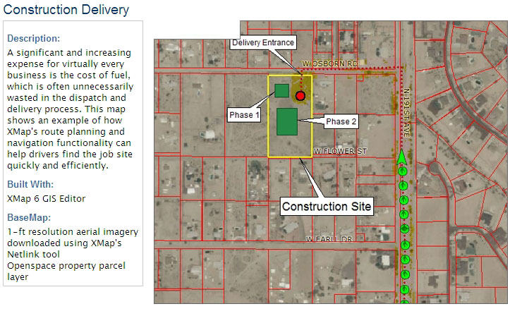 This map shows an example of how DeLorme's XMap route planning and navigation functionality can help drivers find the job site quickly and efficiently.