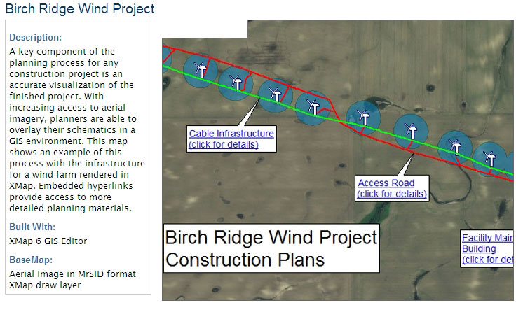 This map shows an example of the infrastructure for a wind farm rendered in DeLorme's XMap. Embedded hyperlinks provide access to more detailed planning materials.