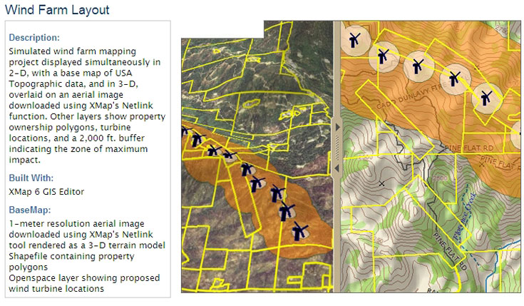 Simulated wind farm mapping project displayed simultaneously in 2-D & 3-D using the DeLorme XMap 6 GIS Editor.
